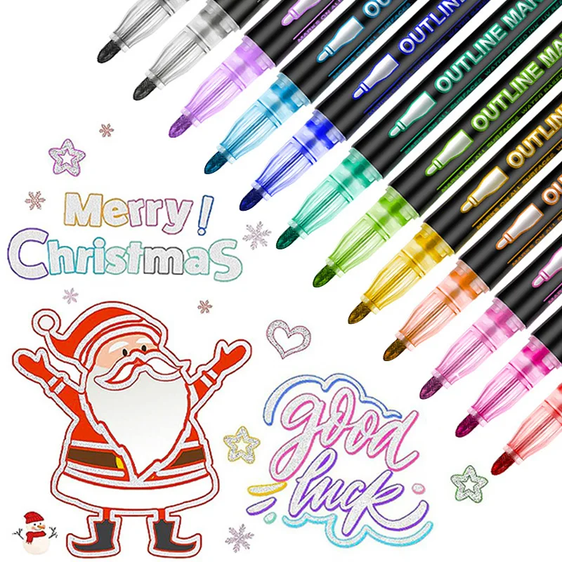 12-36 warna Double Line pulpen garis menggambar penanda pemasok menggambar Self-Outline spidol metalik Set Glitter kartu ucapan menulis