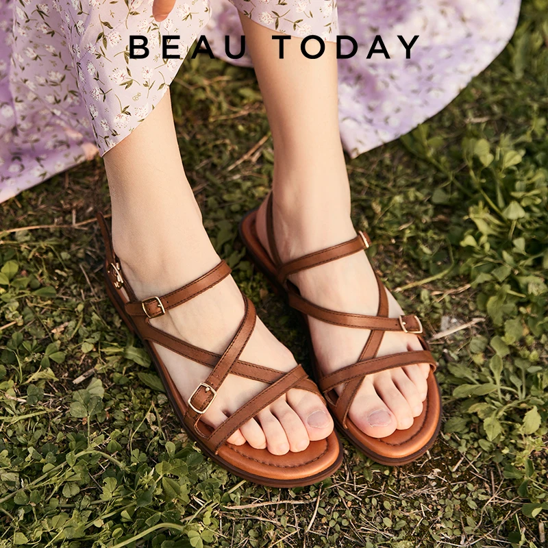 Beautoday Sandals Women Genuine Cow Leather Solid Simple Flats Cross Strap Metal Buckle Open Toe Ladies Shoes Handmade 32385