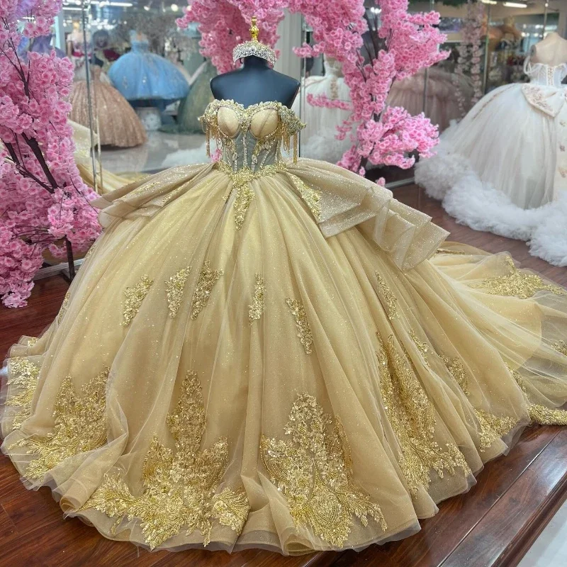 ANGELSBRIDEP Gold 2025 Ball Gown Quinceanera Dress Off Shoulder Appliques Lace Crystal Beads Tull Vestido De 15 Años Customized