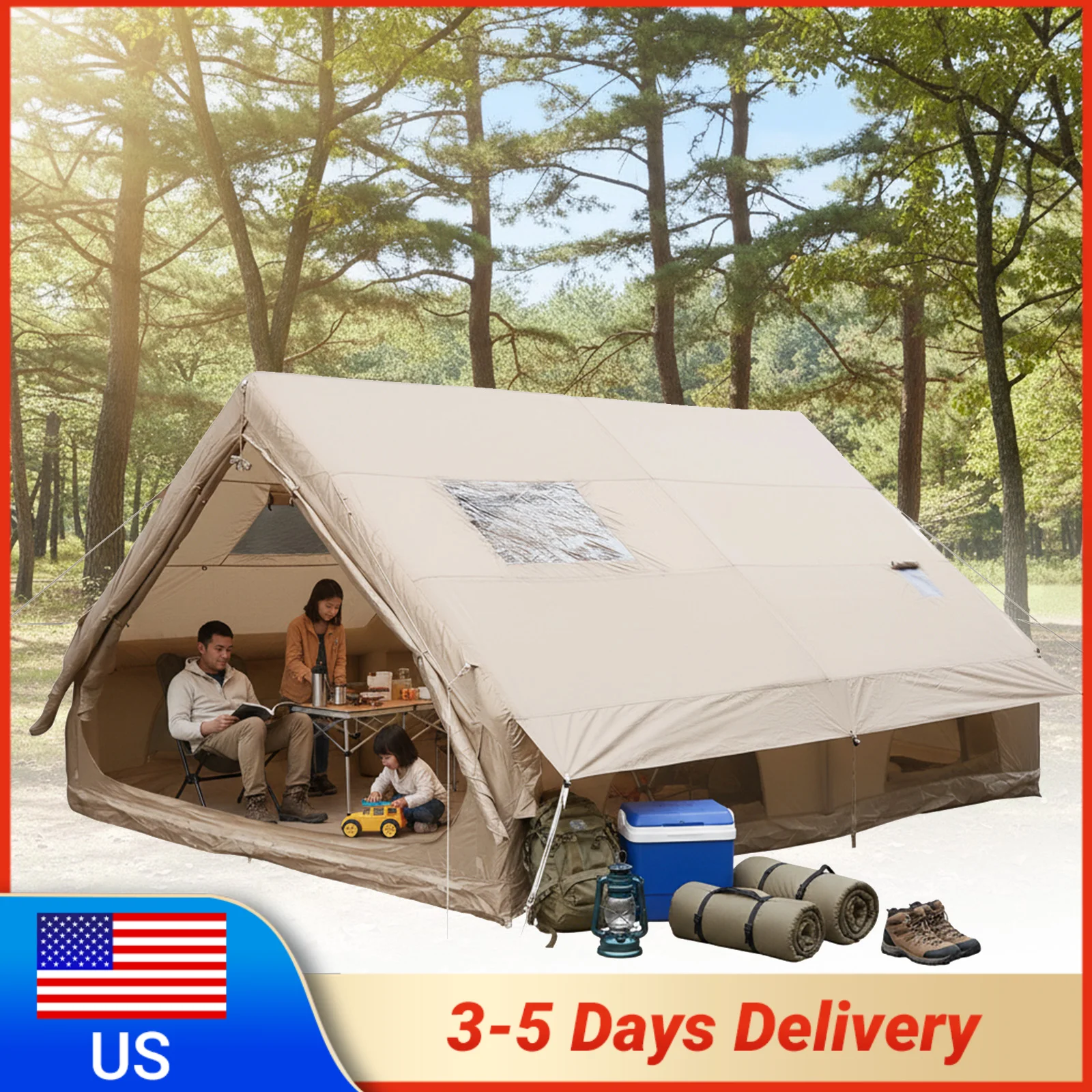 

Надувные палатки для кемпинга с сетчатыми окнами и насосом, 4-сезонные, большие (130 кв. футов), с отверстием для дымохода, для походов и кемпинга на природе