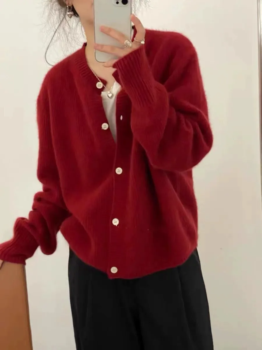 2023 knitted 100% cashmere cardigan women\'s crewneck sweater Autumn and winter new cashmere loose lazy high-end coat thick