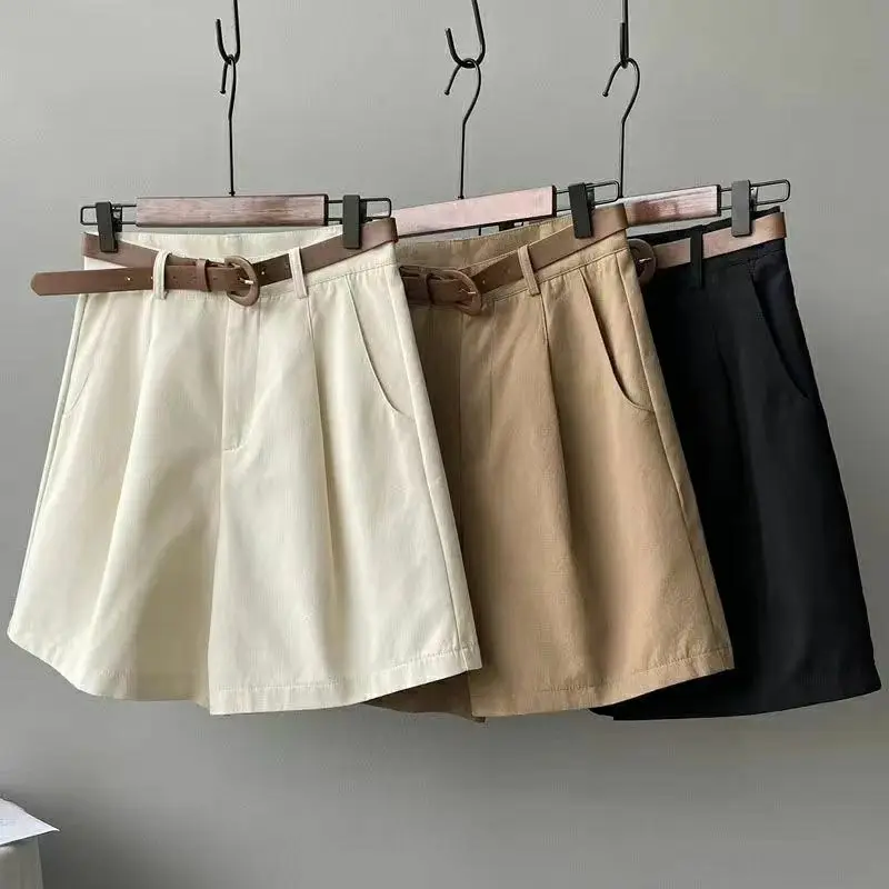 Elegant Fashion Harajuku Slim Fit Female Clothes Loose Casual All Match Quarter Pants Solid Pockets High Waist Wide Leg Shorts