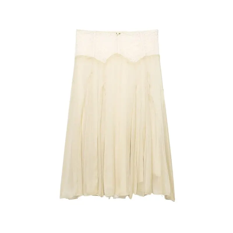Elegant High Waist Lace Patchwork Skirt Floating A-Line  Skirt for Women New Autumn Collection 2026 Ladies Fashion