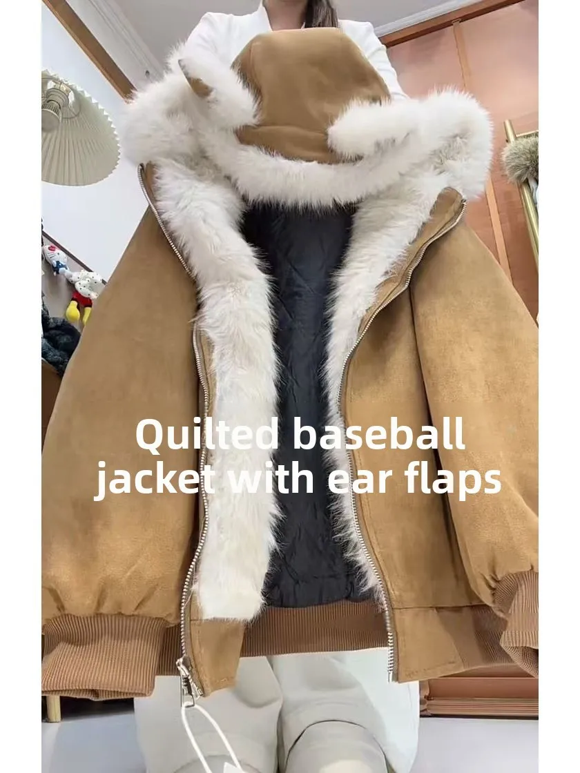 

Autumn Winter Thiened Suede Jaet with Hat for Men And Women Warm Cotton Coat Ear Design Retro Sle Long Sve Zipper