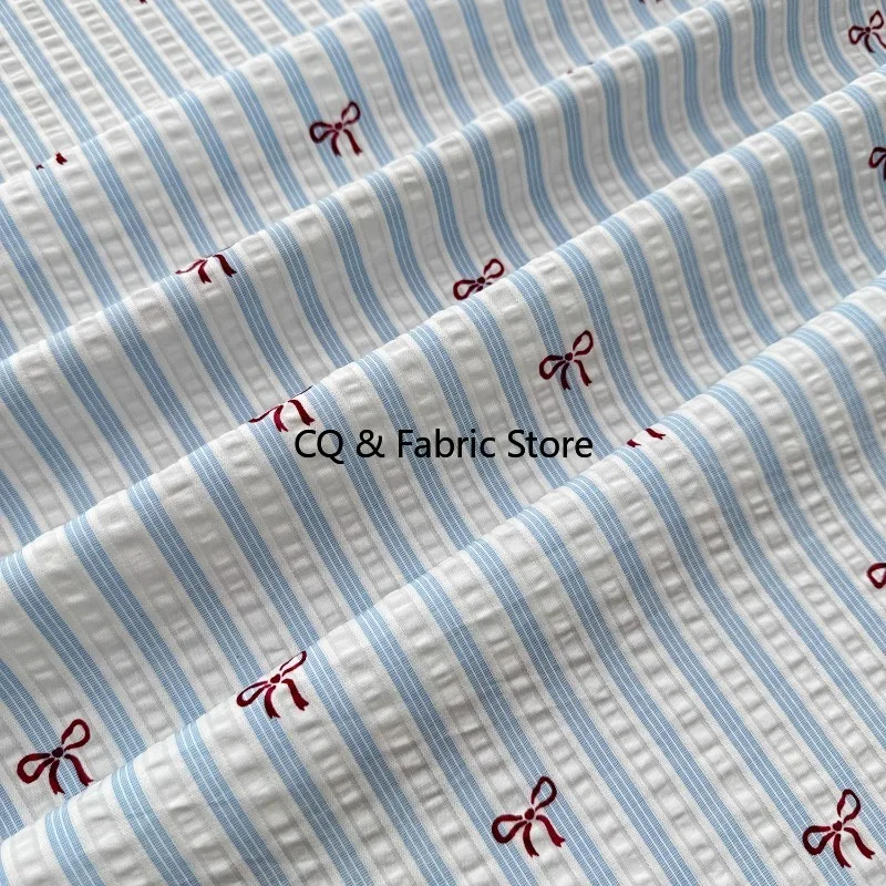 Ins Coreano Stripe Bow Design Tessuto di cotone poliestere Camicia elegante da donna Materiale di stoffa per bambini al metro