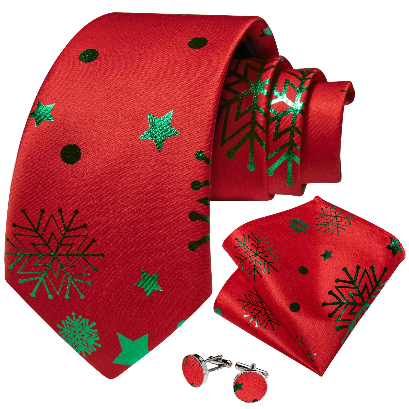 Big Green Shining Snowflake Red Silk Ties for Men Handkerchief Cufflinks Set Wedding Party Accessories Gift Dropshipping