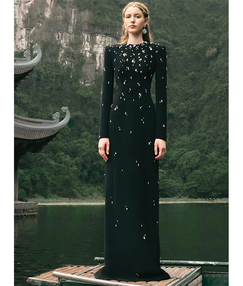 

Customized Formal Jersey Straight Crystal Evening Dress High Quality O-neck Long Sleeves Floor Length فساتين سهرة