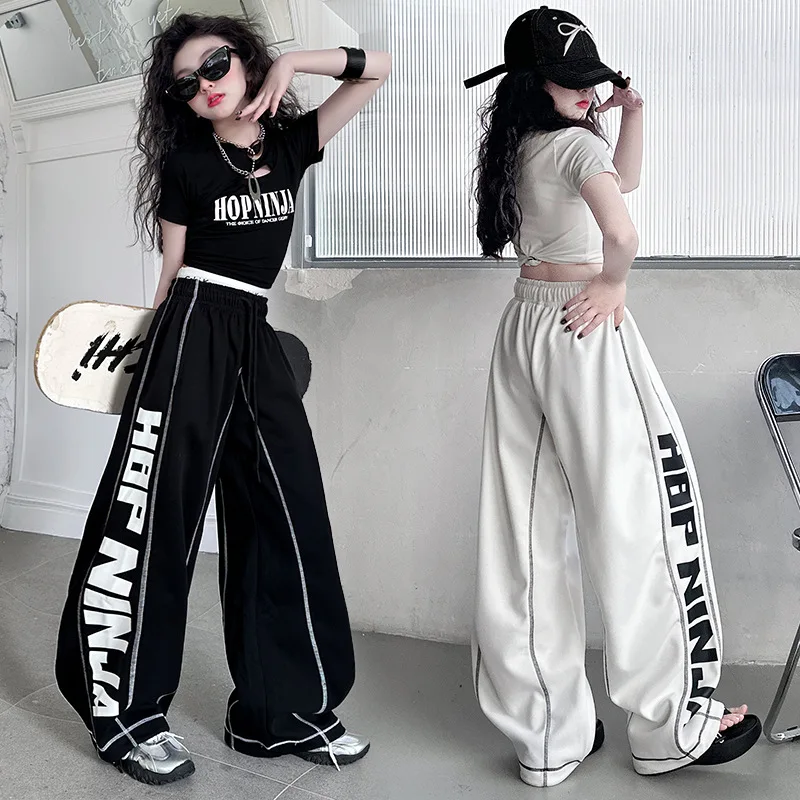 

4-14 teen girl Hip hop jazz street dance clothes set cotton shirt t-shirt+wide leg pants 2pc junior kid sport suit child outfits