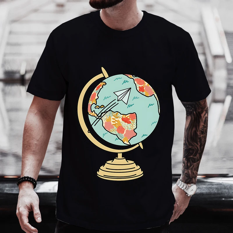 

Shirts for Men Floral Globe Print T-shirt Funny Travel Aesthetic Tshirt Oversize TShirt Clothes Short Sleeve Harajuku Streetwear