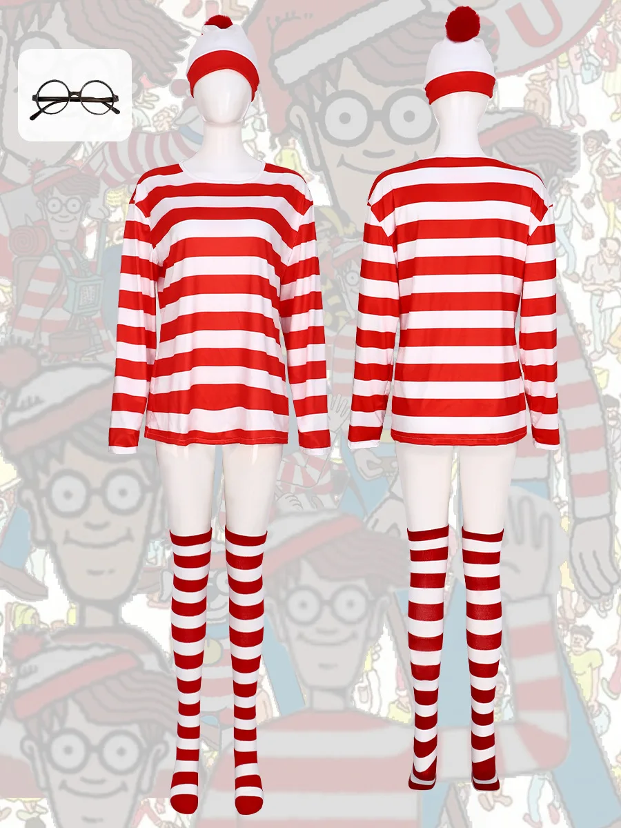 أين والدو قميص مخطط للشباب والأطفال والأولاد والي زي قميص نظارات وقبعة جوارب للجنسين والكبار أزياء الهالوين التنكرية