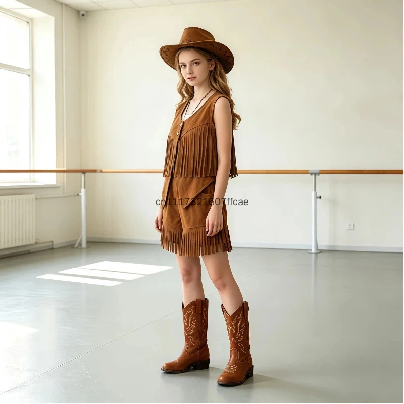 Chaleco Vintage con Flecos para Mujer, Shorts Vaqueros Estilo Bohemio, Atuendo Hippie para Chicas, Disfraces para Fiesta de Mardi Gras, Nuevo