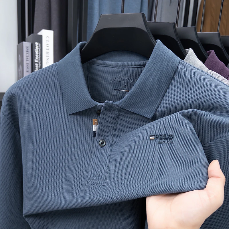 Luxury Quality 100% Cotton Men's Polo Shirt Turtle Back Letter Embroidery Long Sleeved Autumn Lapel T-Shirt Business Men's Wear