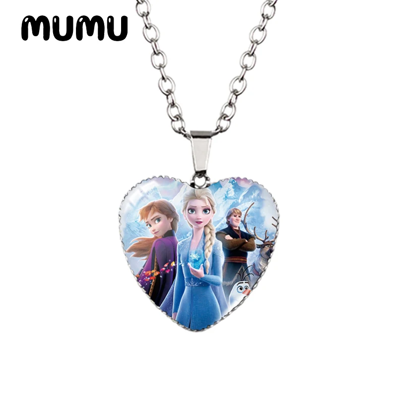 2024 New Princess Elsa and Anna Olaf Heart Necklace Glass Printed Photo Pendant Handmade Jewelry Gifts Children