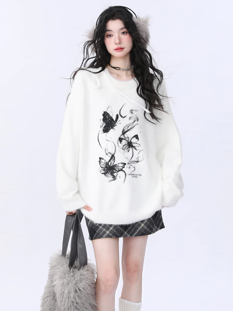 Sweater Pullovers Women Fluffy Advanced Design Lace-up Fashion Chinese Ink Painting Bufferflies Streetwear  Chic Clothes