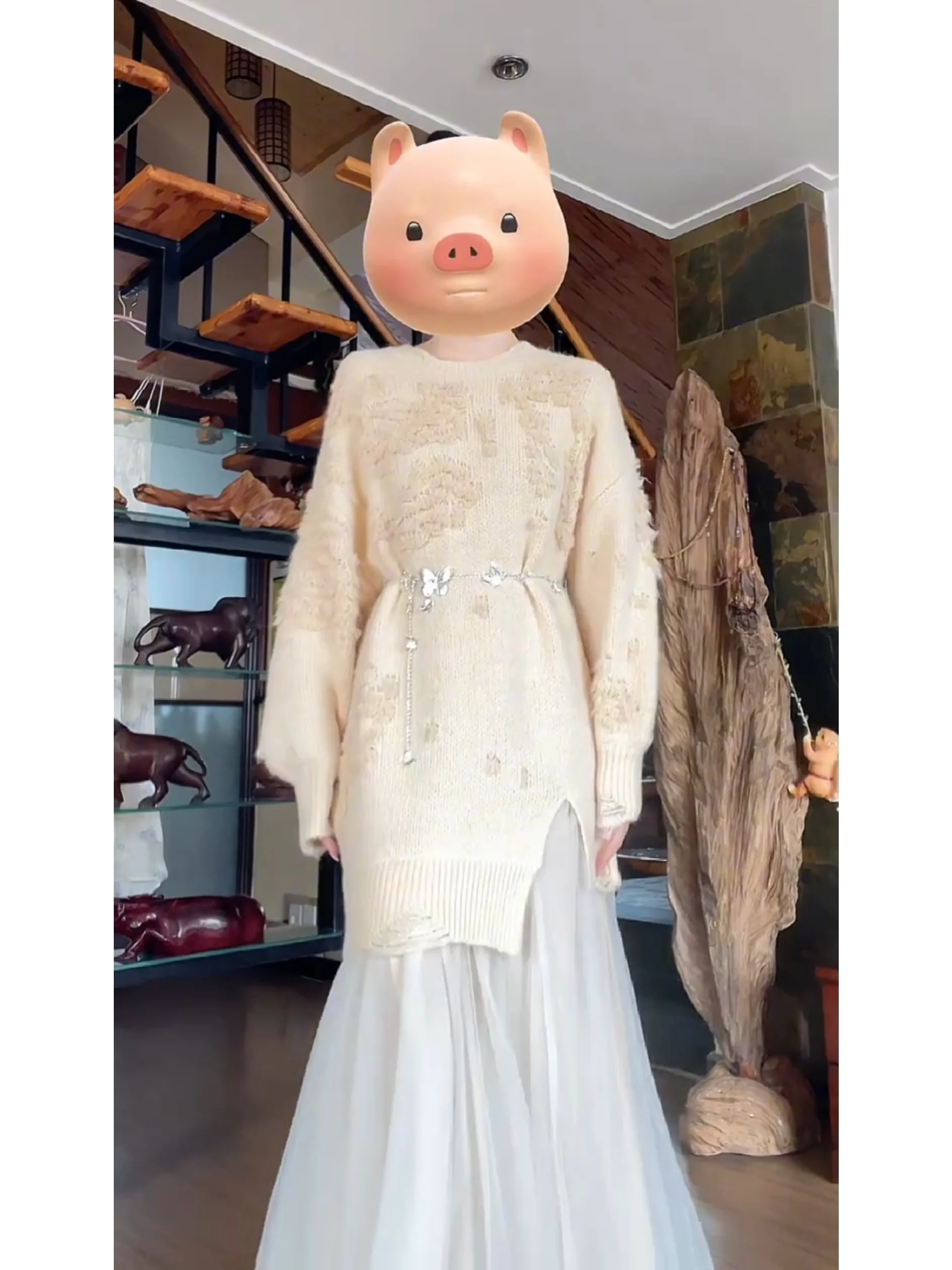 

Laid-ba Romantic Patchwork Dr Trendy Long Skirt Korean Sle Faion Set High Waist round Ne Long Sve Winter Wear