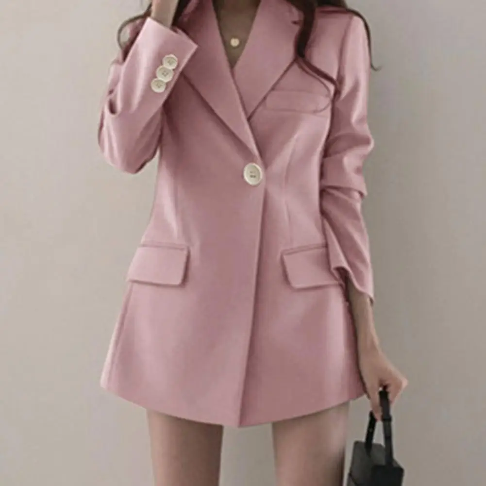 Solid Color Women Suit Coat Elegant Women's Suit Coat with Lapel Single Button Closure Flap Pockets for Work or Casual Outfits