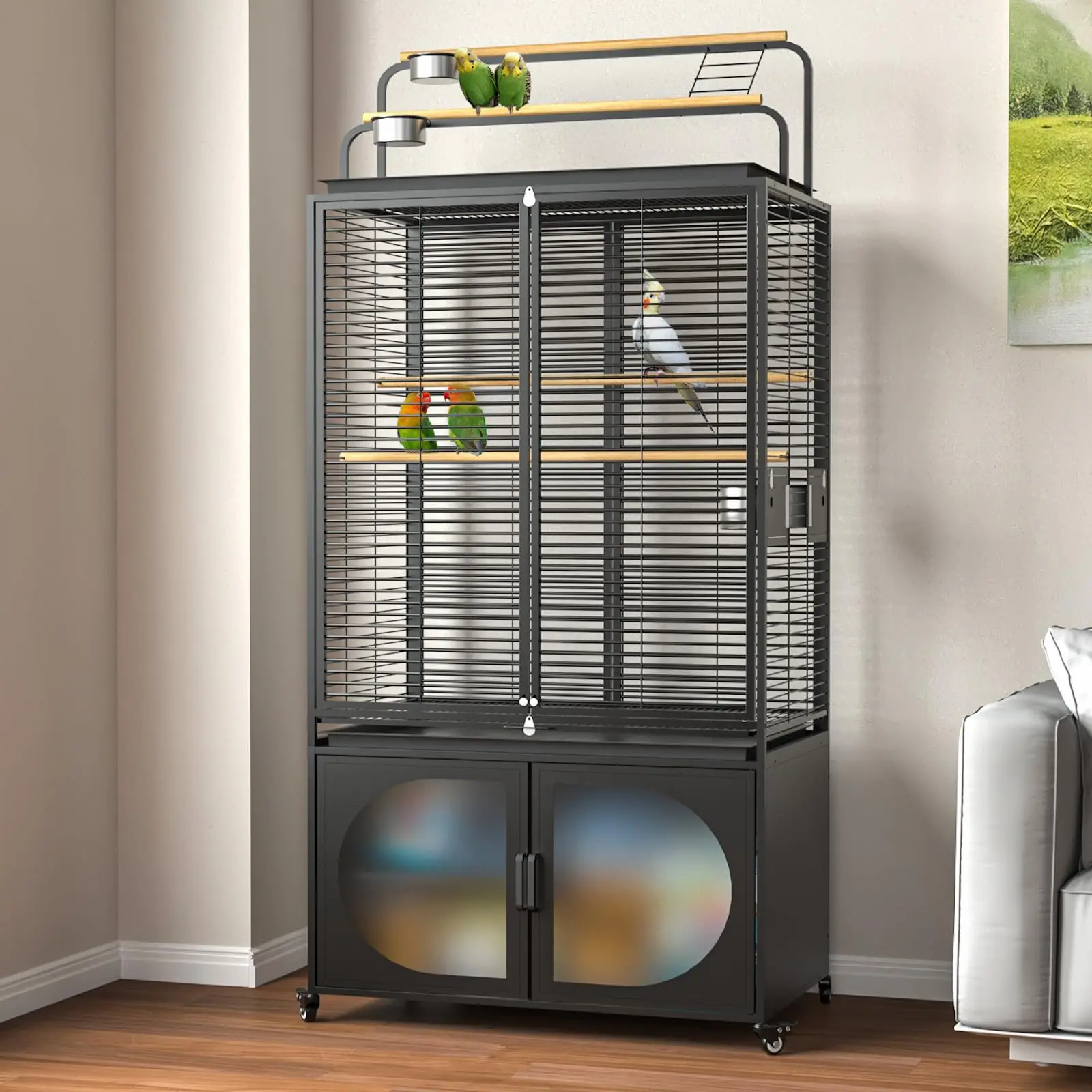 72-Inch Parrot Bird Cage with Play Top and Storage Cabinet | Includes a UV-blocking cover, removable cleaning tray