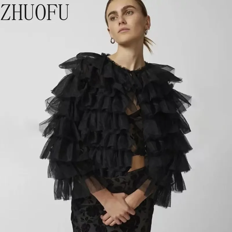 Mesh Ruffle Edge Long-sleeved Shirt for Women Korean Design Sense Layering Y2k Pink White Black Short Coat Shirts Ladies New