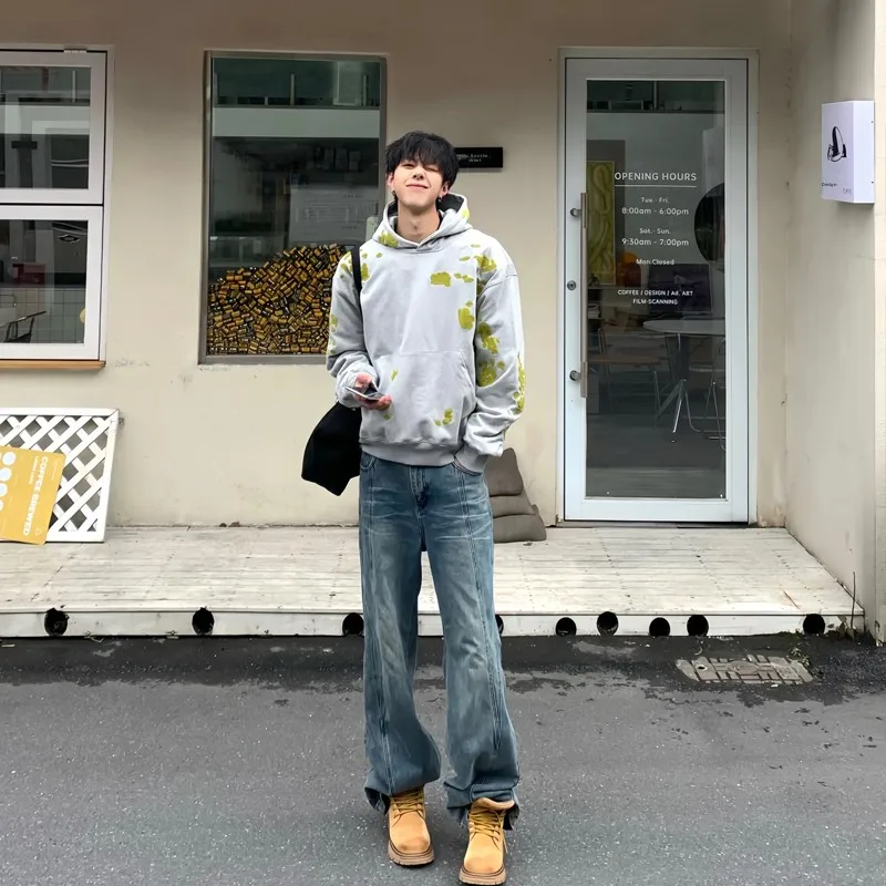 

Blue Straight Leg Men's Jeans Trendy Waed Splice Micro Flared Pants Haome Long Straight Tube Jeans American High Street