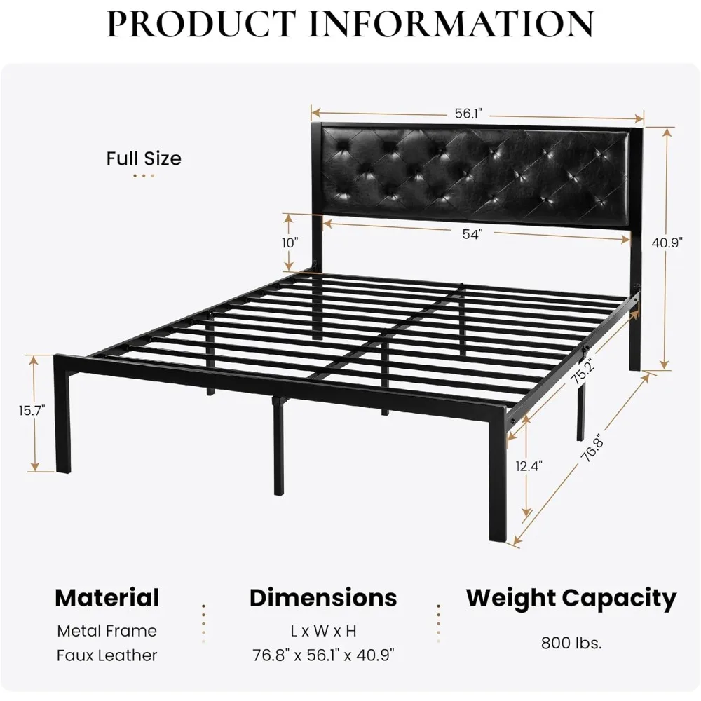Полноразмерная рама для кровати, кровать с металлической платформой и обивкой из искусственной кожи