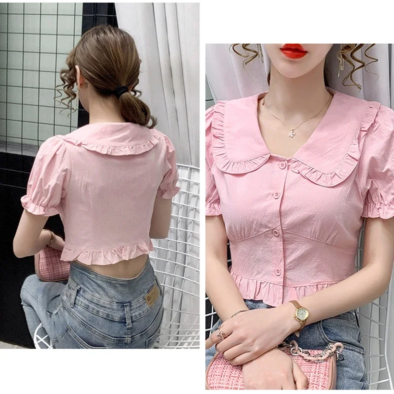 New Fashion Summer Sexy Crop Tops Women 2024 Korean Casual Short White Pink Button Up Shirts Vintage Short Sleeve Purple Blouse