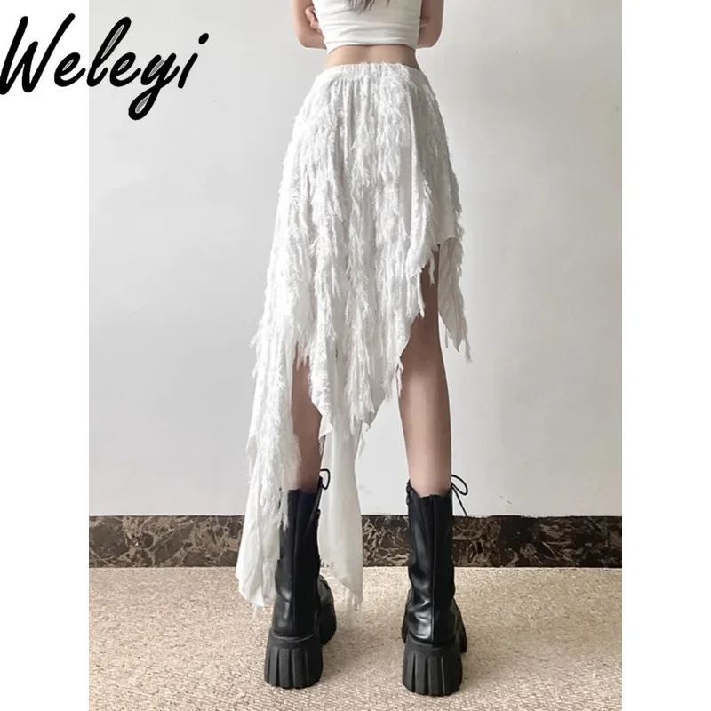 Y2K Punk Irregular Fringed White Skirts Woman Temperament Summer New Harajuku Solid Color Elastic Waist Long Skirt for Women