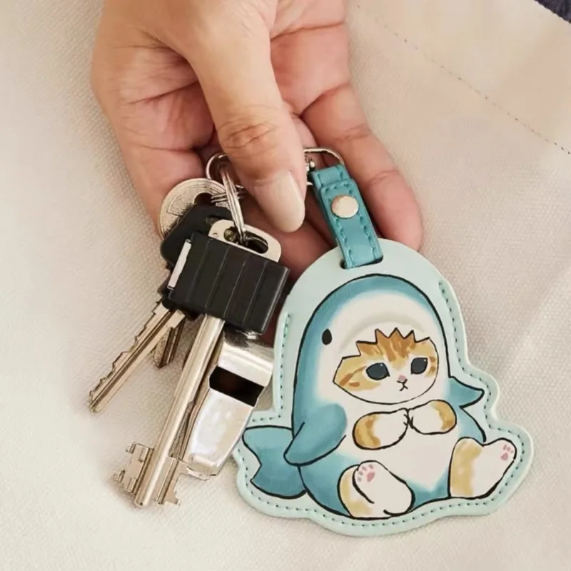 Kawaii Cartoon Shark Cat Mofusand Leather Waterproof Access Control Sensor IC Card Holder Cute Cartoon Creative Keychain Pendant