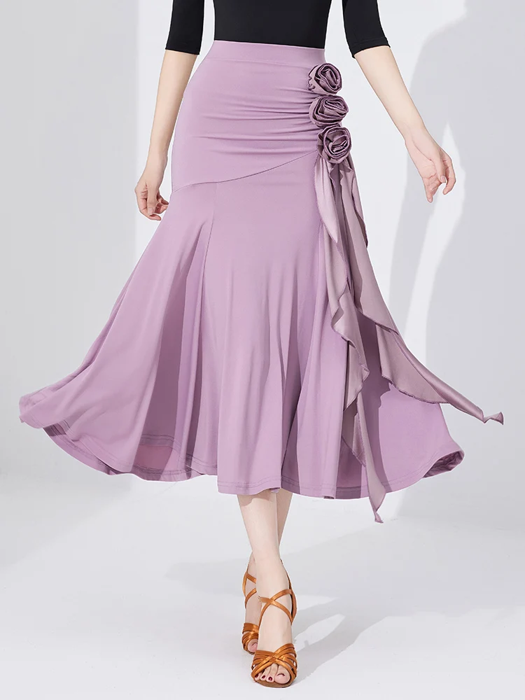 

Latin Dance Skirt f-length Flared Skirt Modern Stand Dance Skirt Waltz Performance Skirt with 3D Sa for Women