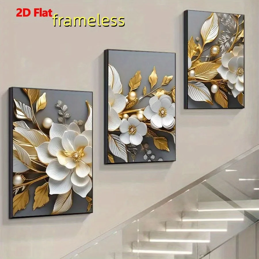 3 modern gold foil floral art canvas posters, perfect for wall decoration in living rooms, bedrooms, offices, kitchens, dining r