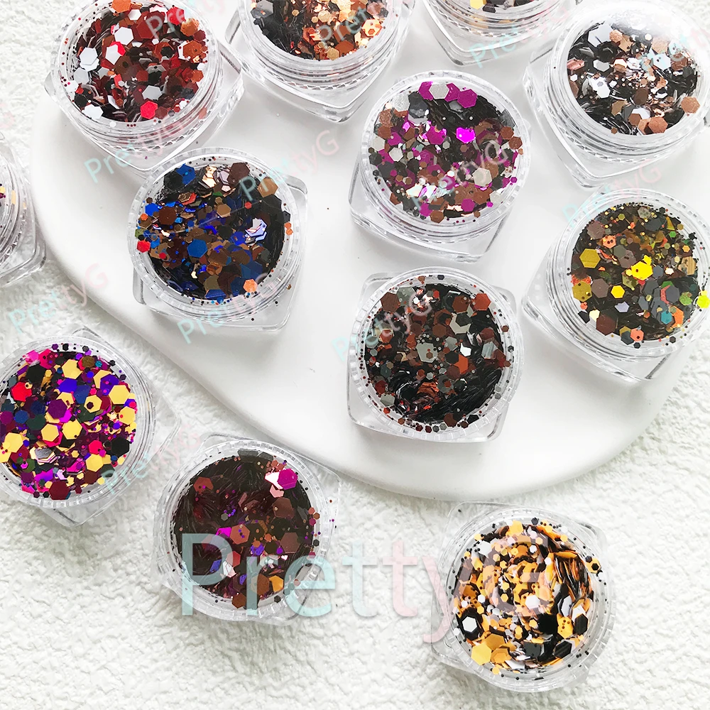

PrettyG 12 цветов набор Хэллоуин массивные смеси блестящие объемные ногти Хэллоуин блестящие блестки для DIY гель украшения ногтей
