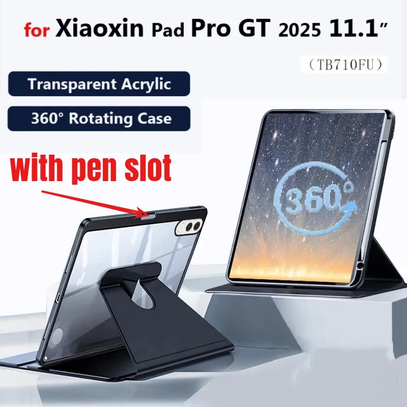 

360 ° Вращающийся защитный чехол для Lenovo Xiaoxin Pad Pro GT 11,1 дюйма 12,7 Idea 11 2025 TB710FU, прозрачный акриловый чехол с гнездом для карандашей