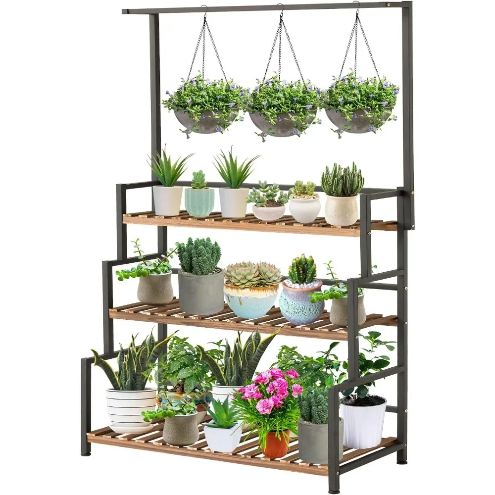 

Hanging Plant Shelves Indoor 3-Tier Stand with Bar,Flower Pot Organizer for Multiple Plants, Wood Rack with Metal Frame