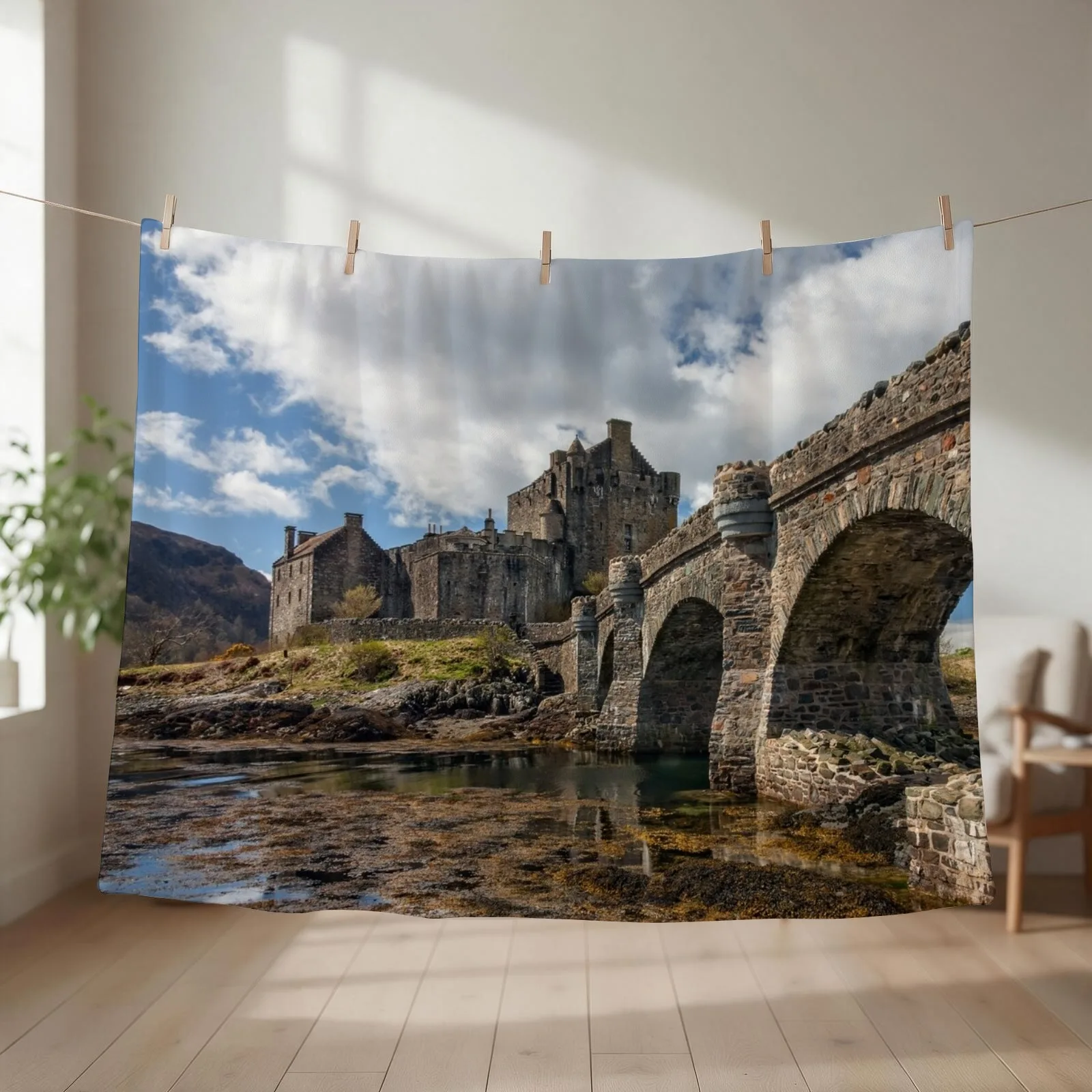 Eilean Donan Castle and Bridge Loch Duich Scotland Throw Blanket couch cozy soft plush fuzzy picnic outdoor blanket