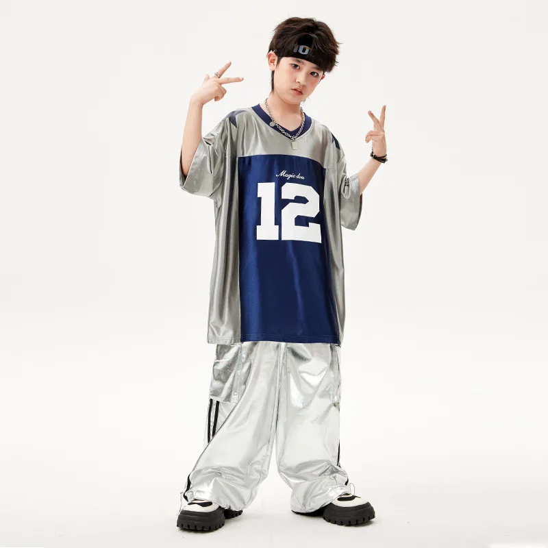 Conjunto de roupas infantis de hip hop, camiseta de cor contrastante, couro pu, calças cargo brilhantes, traje de dança de rua para meninos e meninas, traje de dança moderna de jazz