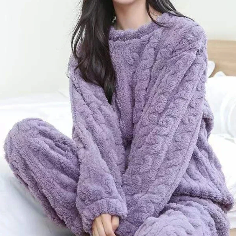 Women Warm 2 Piece Sets Thicken Velvet Ribbed Fleece Set Pullover and Pants Casual Pajama Sets Women Autumn Winter 2023