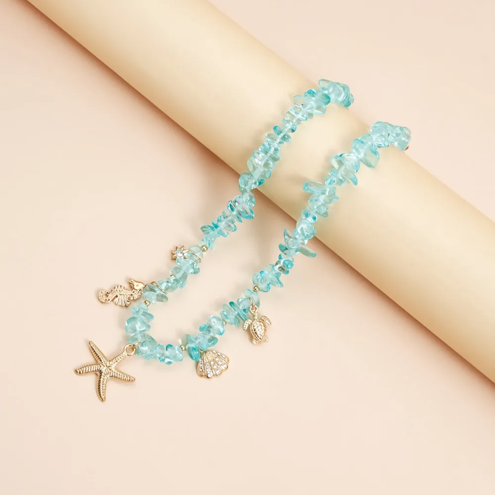 

Bohemian Charm Beach Jewelry Trendy Blue Crushed Stone Adjustable Gold Shell Starfish Seahorse Turtle Necklace For Women Men