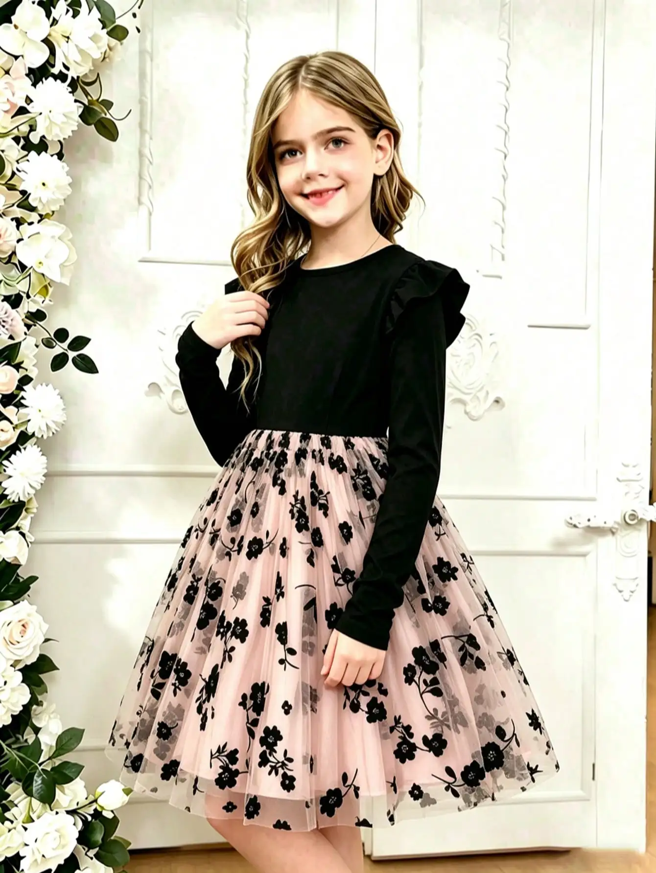 Mädchen-Freizeitkleid mit Rundhalsausschnitt, Netzstoff, Blumenmuster, Herbst, Seitlich Verlängerte Ärmel, Lässige Kinderkleidung – Detail 5