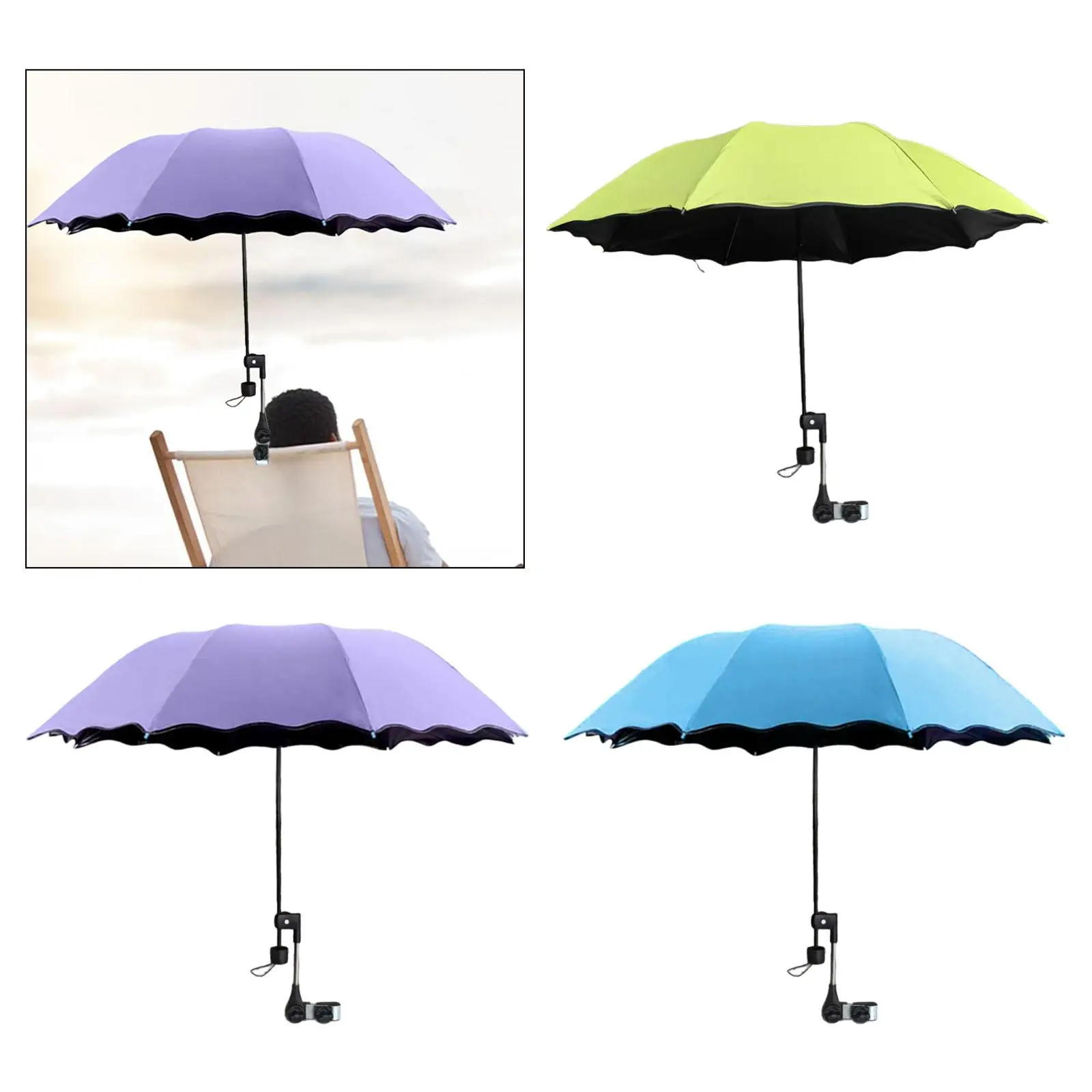 

Tri-fold beach umbrella with adjustable clamp for various outdoor occasions