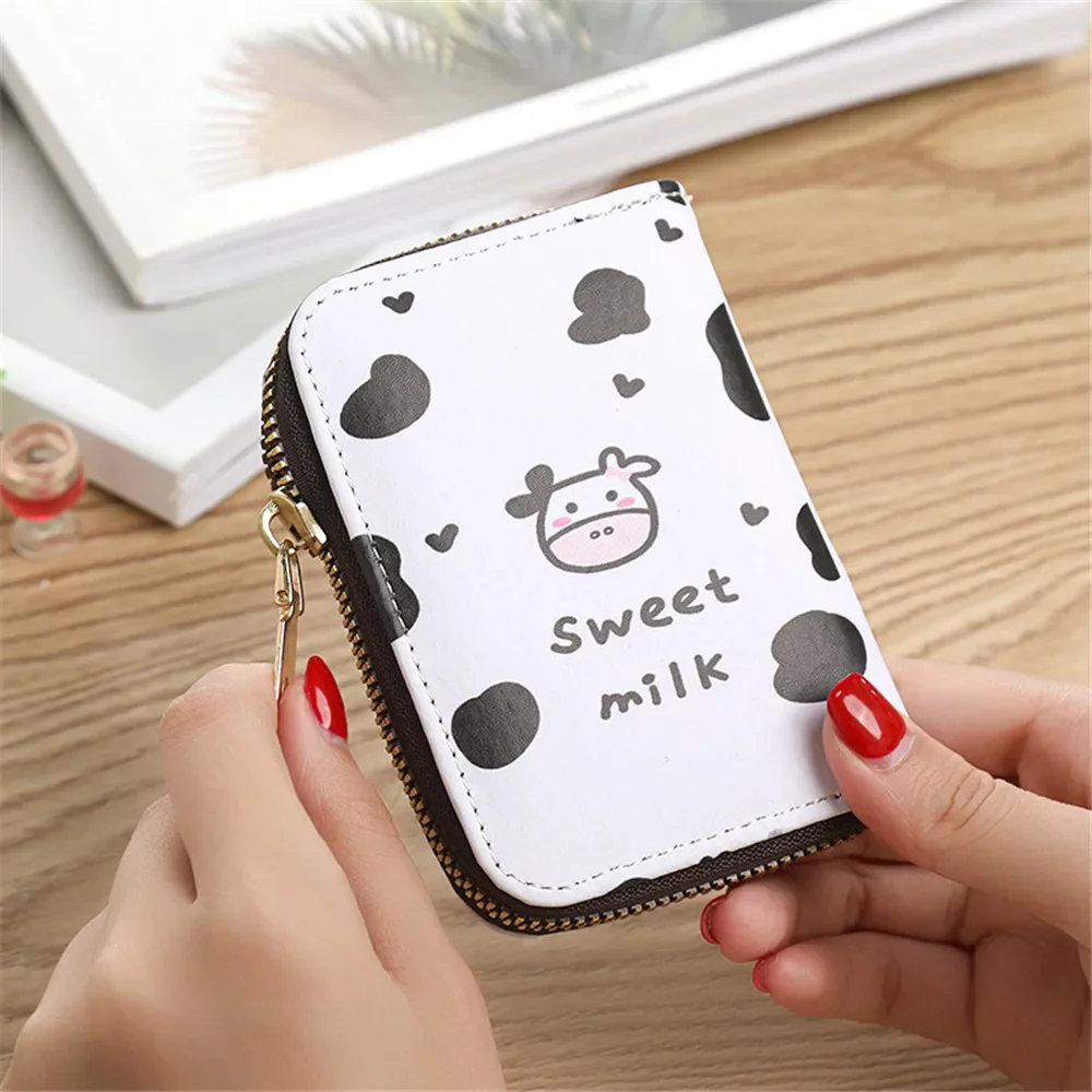 

Fashion Short Wallet Credit Card Holder Women Cute Print Cartoon Cow Bear Leather Zipper Coin Purse Girl Students Mini Money Bag