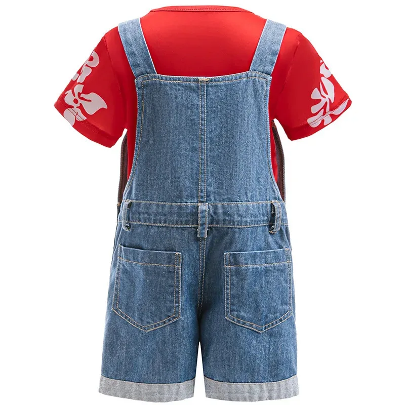 

COSda@Girl Halloween Costume Red T-Shirt+Overalls 2Pcs Suit For Girls Carnival Lilo Cosplay Birthday Dress