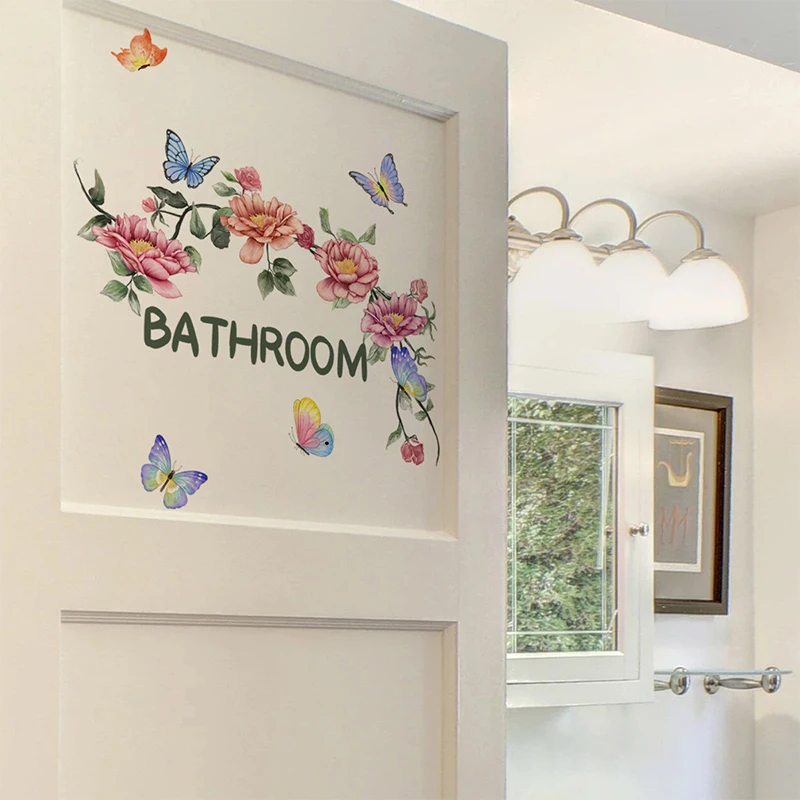 YBeautiful Butterfly Flower Wall Stickers Toilet Bathroom Door Decoration Mural Home Decor Self-adhesive Beautify Wallpaper