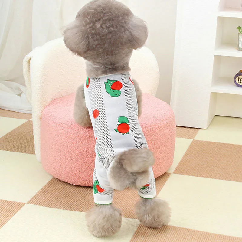 Cat Dog Print Mesh Jumpsuit,Summer Clothes,Mosquito Prevention Pajamas,4-Legs Hoodie,Onesie Clothing for Small Dogs,Boys Girls#L