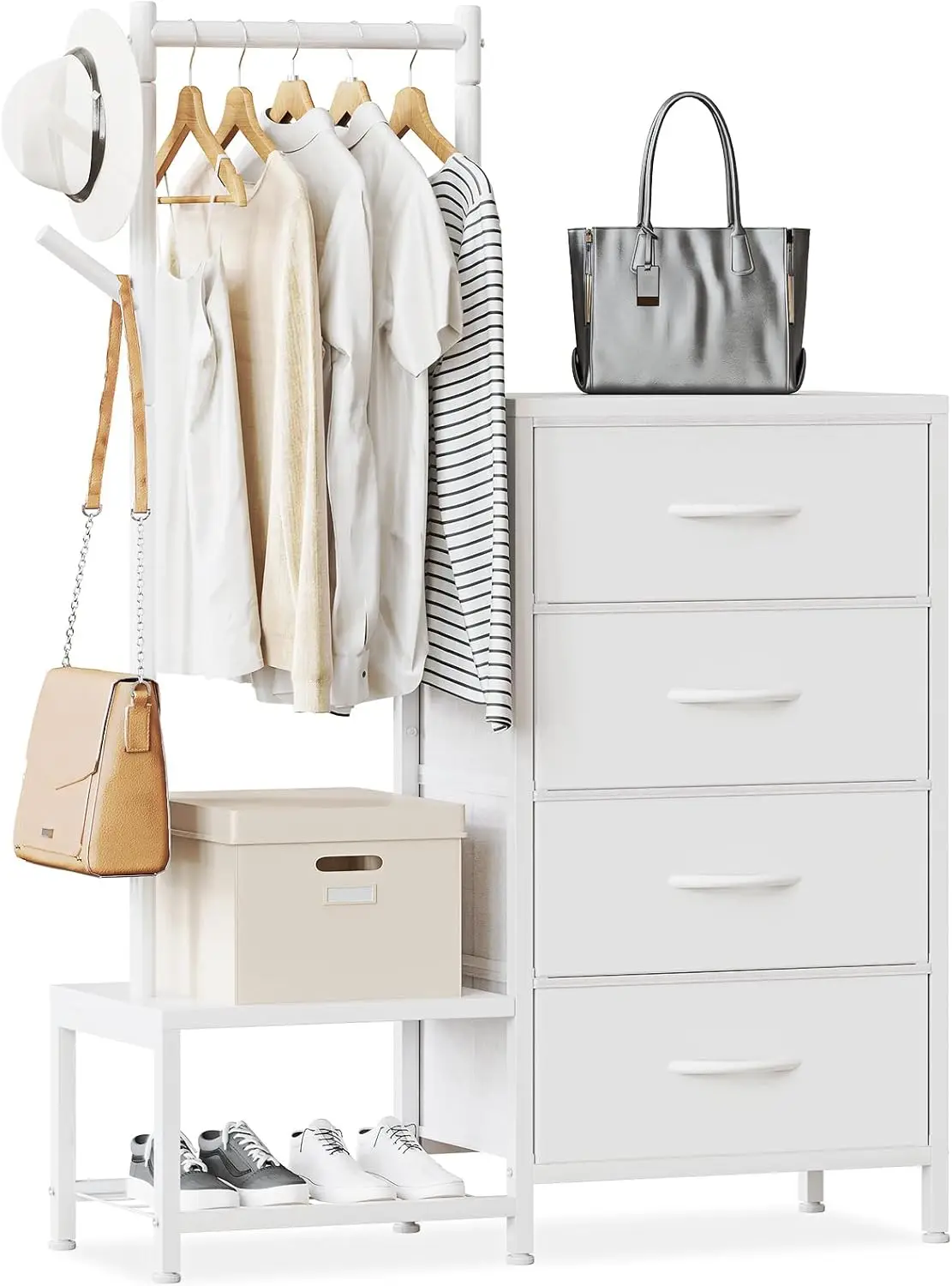 Commode de chambre blanche Coleshome, avec penderie et 2 crochets pour manteaux, 4 tiroirs en tissu, meuble de rangement pour couloir et chambre, 75 x 30 x 118 cm