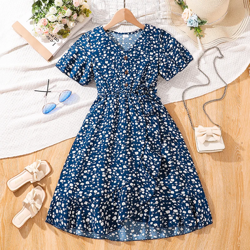 Kids Summer Girls 8-12 Years Old Dark Blue White Amall Floral Short-sleeved Dress Elegant And Comfortable Dress