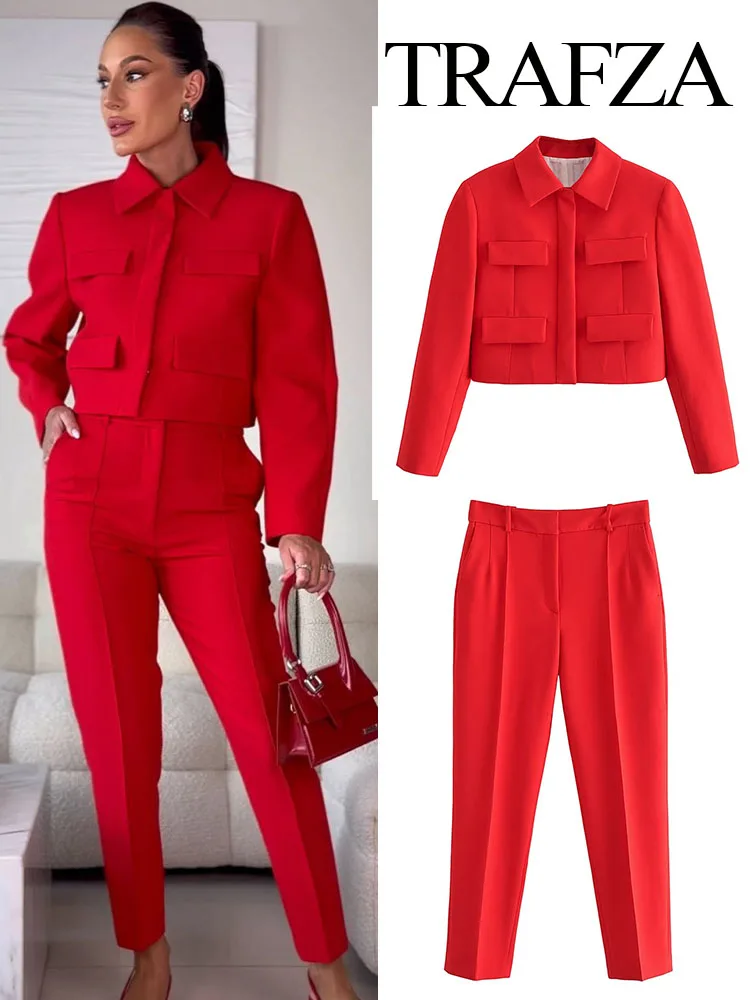 TRAFZA Women Autumn Fashion Single Breasted Turn Down Collar Red Coats+Female Chic Casual Office Lady Slim Pants 2 Piece Suit