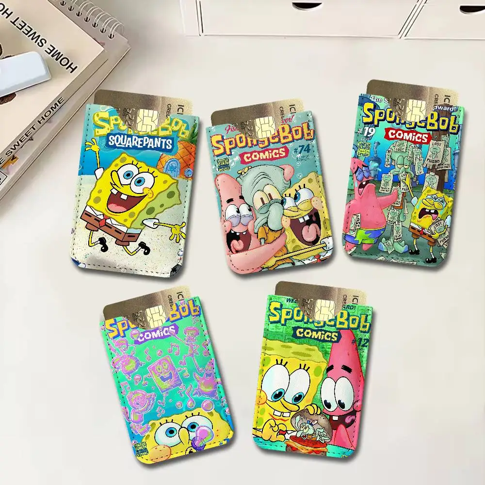 Children Animation S-Spongebob S-Squarepants Men's Genuine Leather Mini Card Wallet, Ultra Thin Credit Portable Business Card