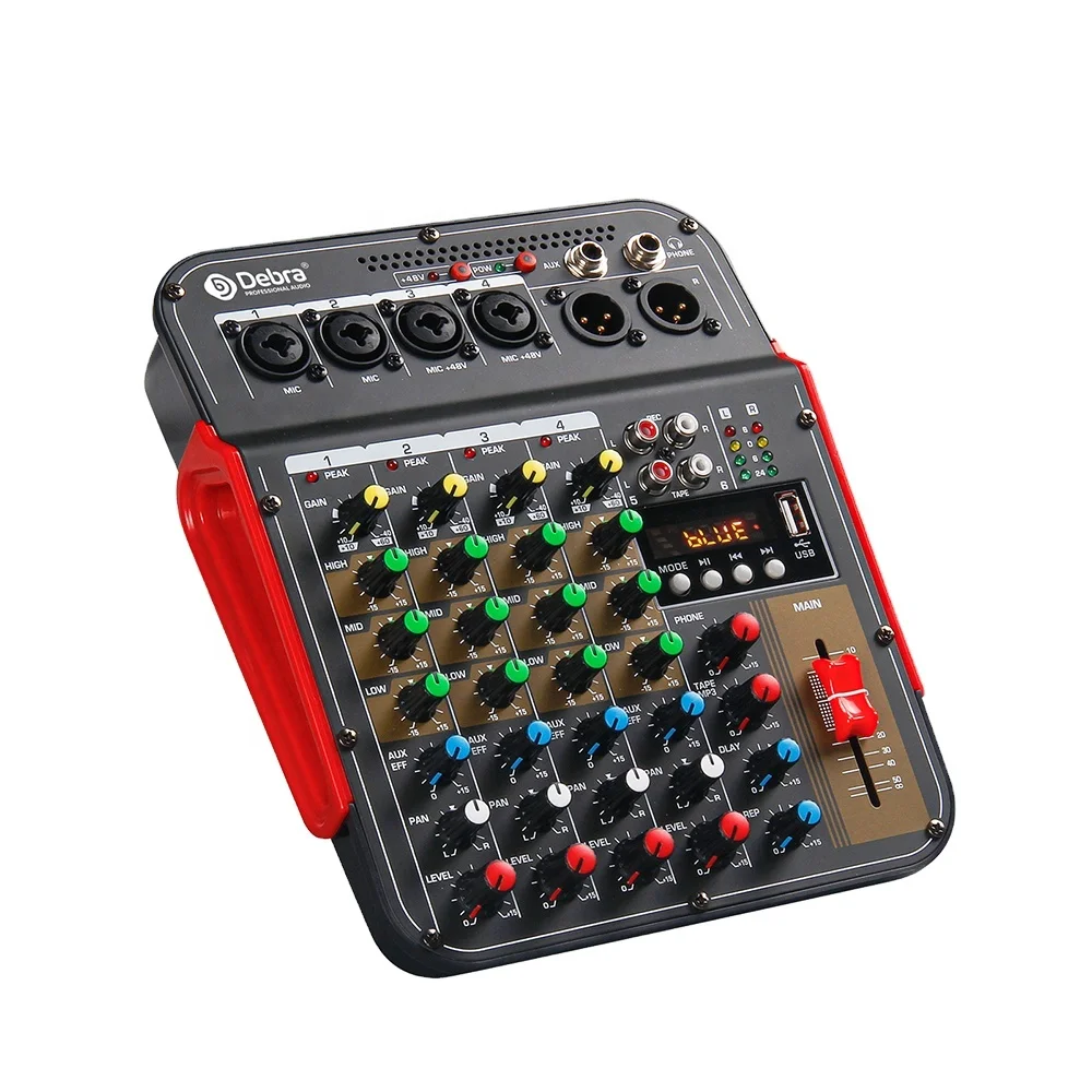 2025 رائجة البيع Debra Audio DM4 المحمولة 4 قناة الرقمية DJ جهاز مزج الصوت الصغير مع تأثير تردد الأسنان الزرقاء 48 فولت لتسجيل الكمبيوتر B