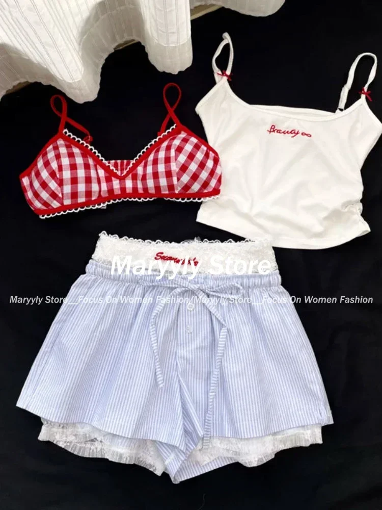 Sweet Sexy Lace 4 Piece Set Women Y2k Plaid V Neck Sling Tops + Elastic Waist Bow Short Pants Summer Fashion Hot Girl Suits New