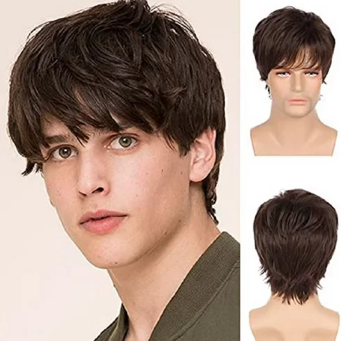 Brown wig fluffy wig men's short straight hair long bangs best selling men's synthetic fiber head cover