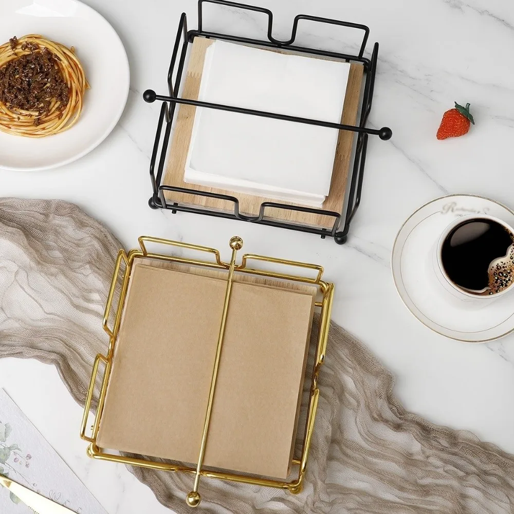 

Square Design Napkin Holder with Wooden Base Reusable Flat Napkin Dispenser Nordic Style Modern Vintage Tissue Organizer